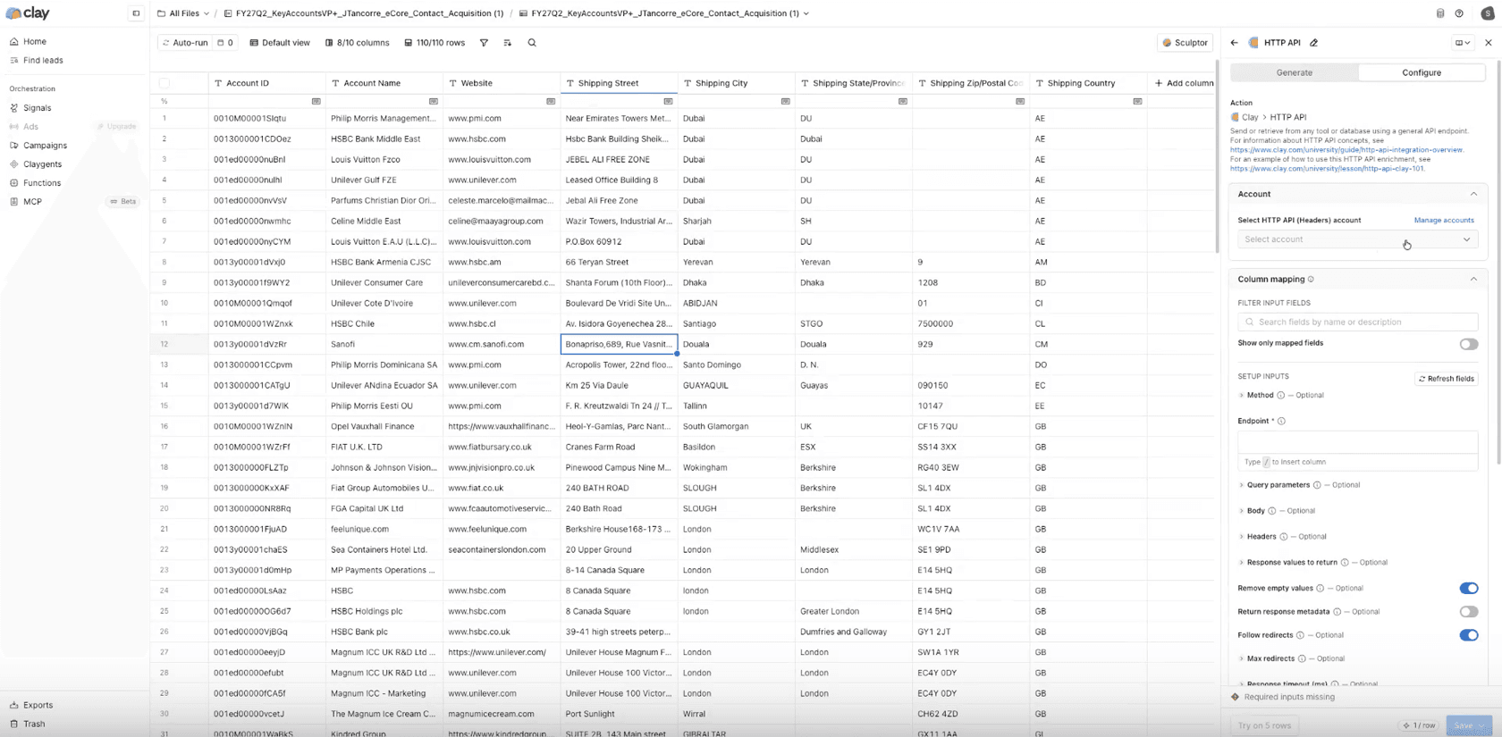 A Clay table with the eCore enrichment column configured as an HTTP API action — validated rows and normalized company fields