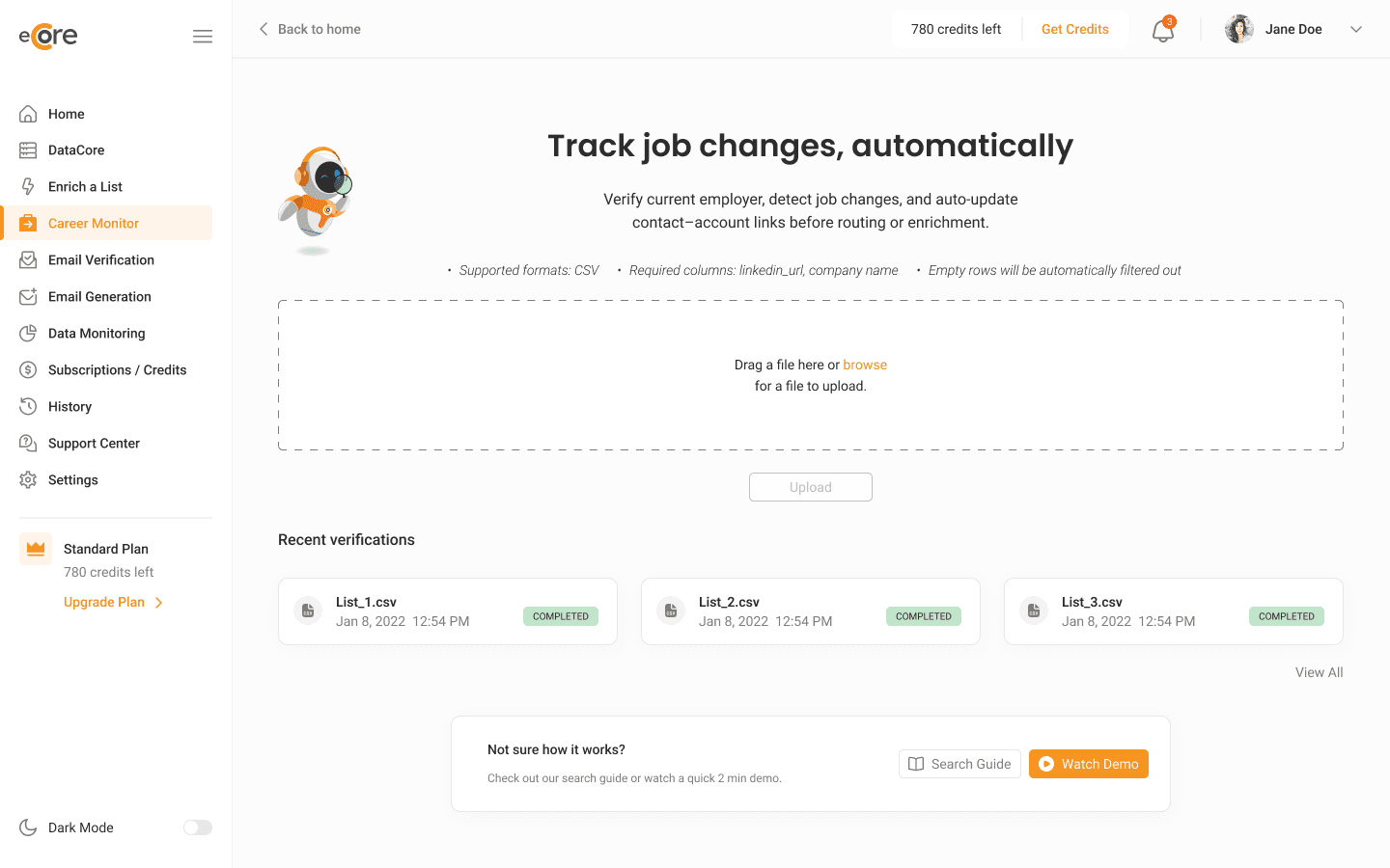 eCore — Career Monitor: upload a list to verify current employer and detect job changes