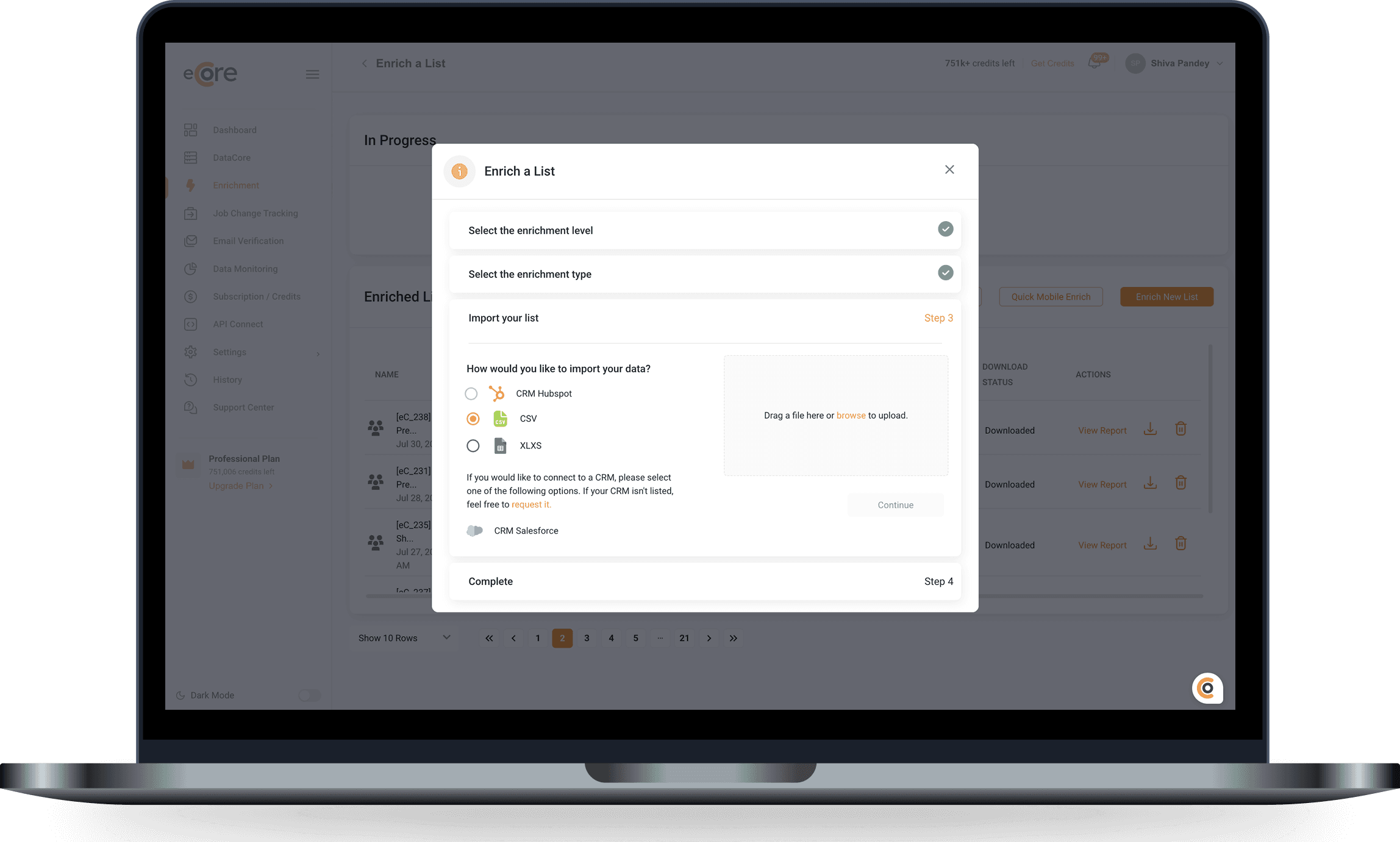 eCore — Enrich a List: the import step of an enrichment run, shown on a laptop